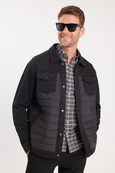 Men's relaxed fit comfortable snap button quilted flap double pocket warm black cashmere coat