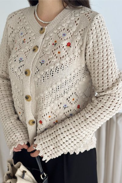 Beige Embroidered Buttoned Openwork Knitwear Cardigan Standard Size