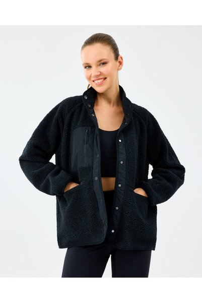 W Woven Detailed Pull over Sherpa Women's Black Coat S2520218-3817