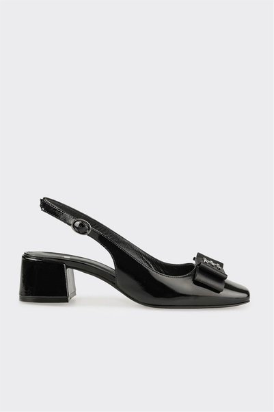 Black Leather Women's Chunky Classic Heeled Shoes
