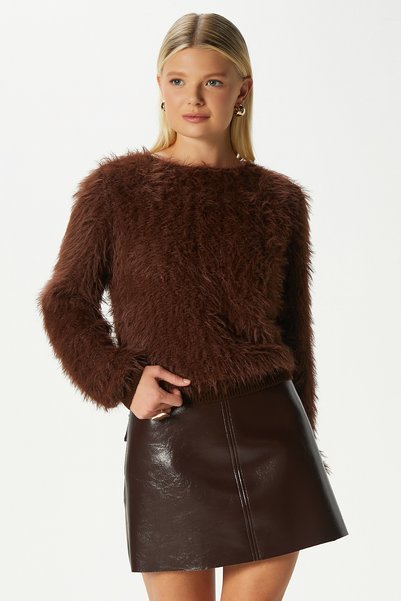 Women's Matcha Soft Bearded Boat Neck Brown Knitwear Sweater