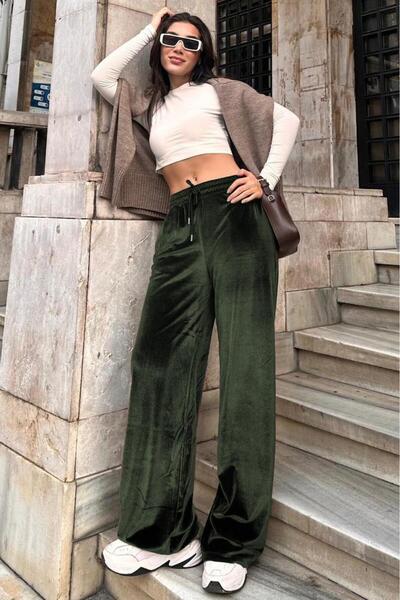 Khaki Wide Leg Velvet Trousers Mg2283