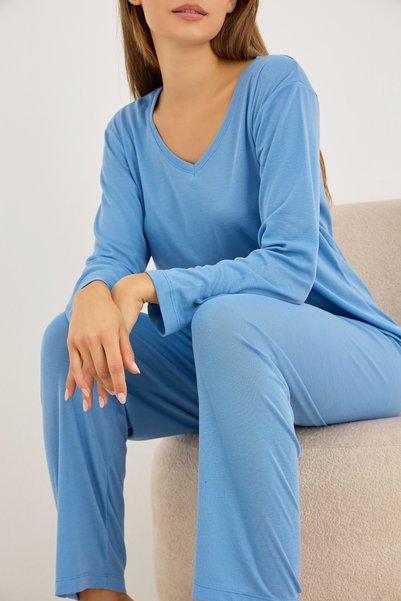 Blue V-Neck Soft Tuşe Knitted Pajama Set7942