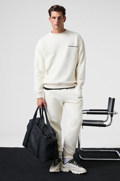 Marshall Men's Cotton Fleece Lined Embroidered Relaxed Ecru Tracksuit Set