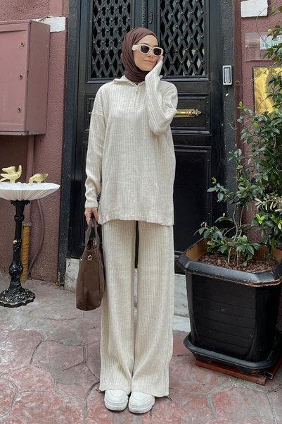 Zipper Detailed Pants Hijab Set Cream