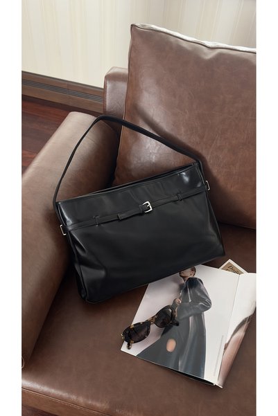 Women's Black Leather Belt Detailed Zipper Closure Hand and Shoulder Bag Sona