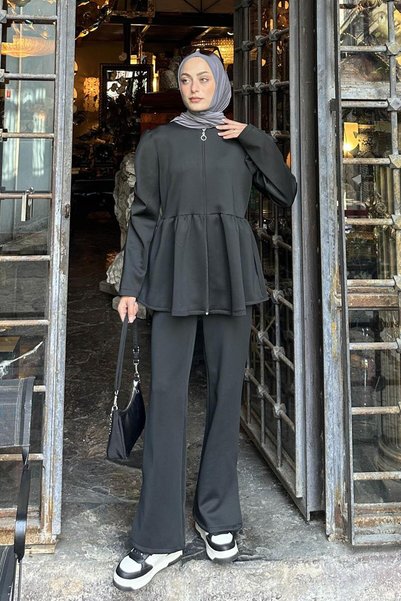 Flounce Detailed Double Scuba Suit Black