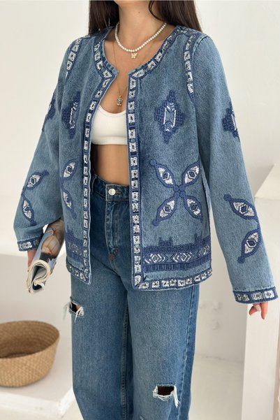 Ethnic Patterned Sequin Embroidered Denim Jeans Jacket Vintage Boho Style