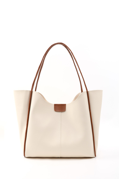 Cream - Tan Shk76 Large Size Women's Hand and Shoulder Bag with Snap Fastener, Wick Strap, and Faux Leather Makeup Bag