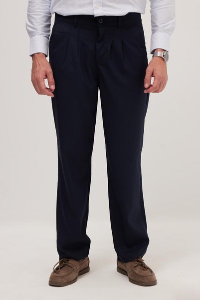 Men's Regular Fit Classic Cut Regular Waist Wide Leg Navy Blue Trousers