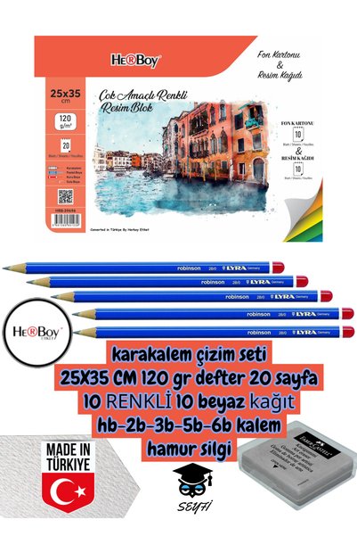 Charcoal Drawing Set 25X35 cm 120Gr Notebook 20 Sheets 10 Colors 10 White Hb-2B-3B-5B-6B Pencils Herboy