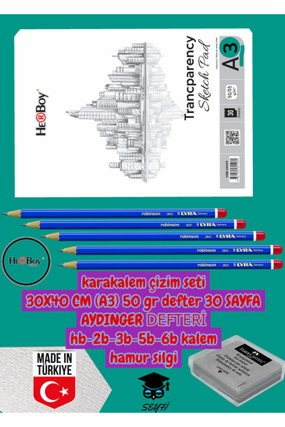Kara Calm Drawing Set 30X40 cm A3 50 Gr Notebook 30 Sheets Aydinger Notebook Hb-2B-3B-5B-6B Pencil Herboy