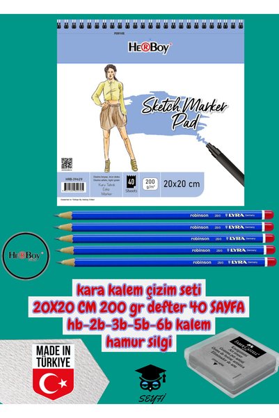 Kara Calm Drawing Set 20X20 cm 200 Gr Notebook 40 Sheets Hb-2B-3B-5B-6B Pencil Dough Eraser Herboy