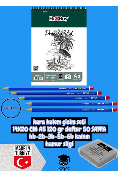 Kara Calm Drawing Set 14X20 cm A5 120 Gr Notebook 50 Sheets Hb-2B-3B-5B-6B Pencil Dough Eraser Herboy