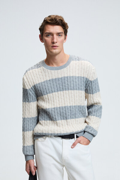 Braid Men's Round Neck Hair Knit Patterned Regular Fit Grimelange - Beige Sweater