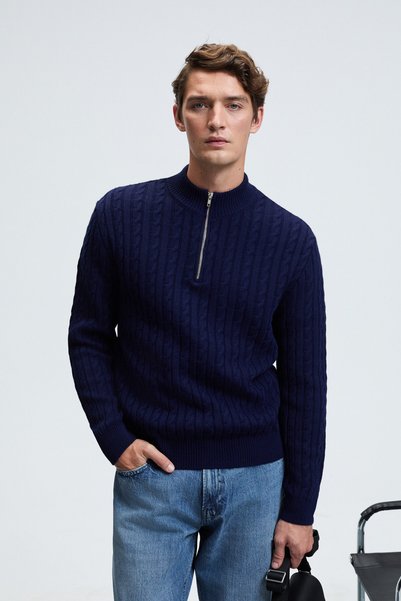 Ivar Men's Half-Zip Stand Collar Hair Knit Patterned Knitwear Navy Blue Sweater