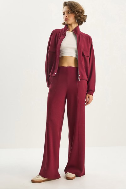 Women's Burgundy Double Pocket Detailed Zippered Elastic Waist Jacket and Loose Trousers Modal Suit 4035 60283606