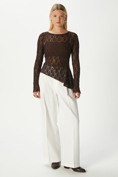 Angel Asymmetrical Brown Long Sleeve Lace Top / Blouse