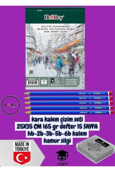 Kara Calm Drawing Set 25X35 cm 165 Gr Notebook 15 Sheets Hb-2B-3B-5B-6B Pencil Dough Eraser Herboy