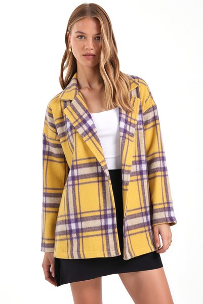 Women's Yellow Men's Collar Oversize Jacket with Slits on the Sides Arm-26K001009