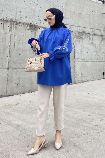 Sleeve Embroidered Tunic Cobalt Blue
