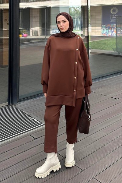 Scuba Hijab Suit with Side Snap Detail Brown