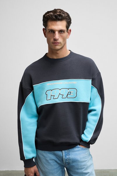 Monty men's round neck printed shoulders green relaxed fit anthracite sweatshirt