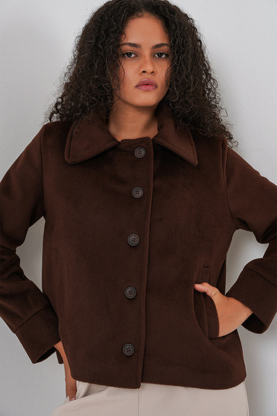 Women's Oversize Lined Short Cashmere Jacket 0726 - Brown