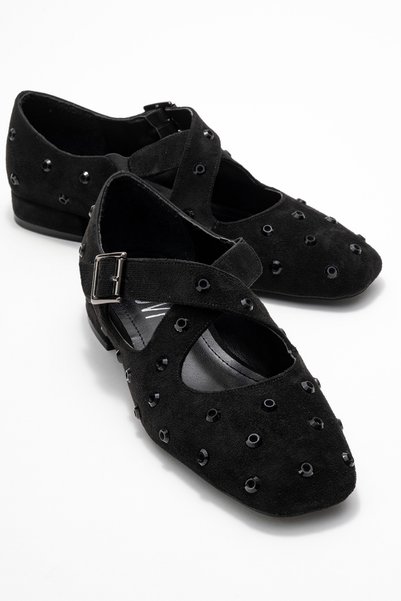 Addison Black Suede Stone Cross Strap Women's Ballerina Shoes