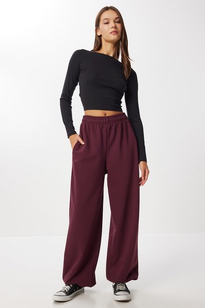 Barrel Fit Knitted Sweatpants with Stoppers Lub0254 Mürdüm