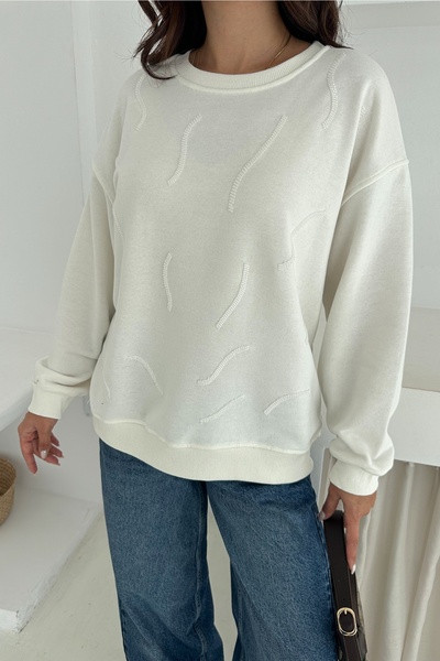 Women's White Beaded Embroidered 100% Cotton Sweatshirt