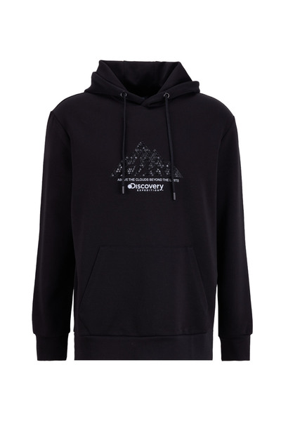 D5Wm-Swt3869 Black Hooded Collar Relaxed Printed Men's Sweatshirt