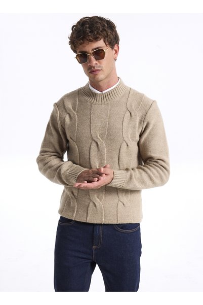 Crew Neck Slim Fit Hair Braid Patterned Khaki Men's Sweater F5Wm-Kzk 2314
