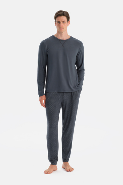 Indigo Stitching Detailed Long Sleeve Thermal T-Shirt Pants Pajama Set