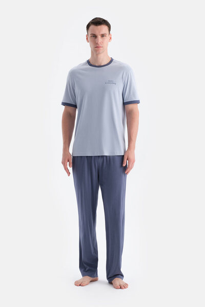 Blue Ribbed Detailed T-Shirt Pants Set