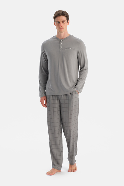 Gray Melange Long Sleeve T-Shirt and Pants Set with Placket and Pocket Details