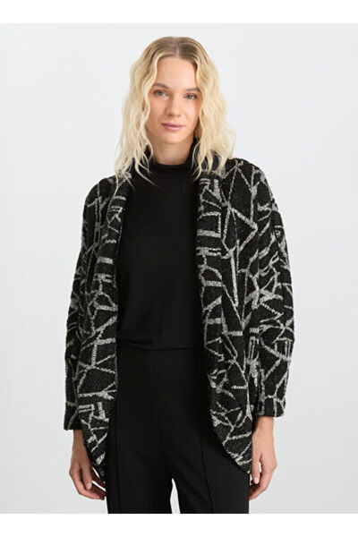 Black Women's V-Neck Standard Patterned Cardigan 25Ksl4178