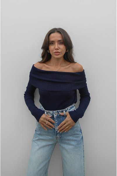 Navy Blue Madonna Collar Ribbed Knitwear