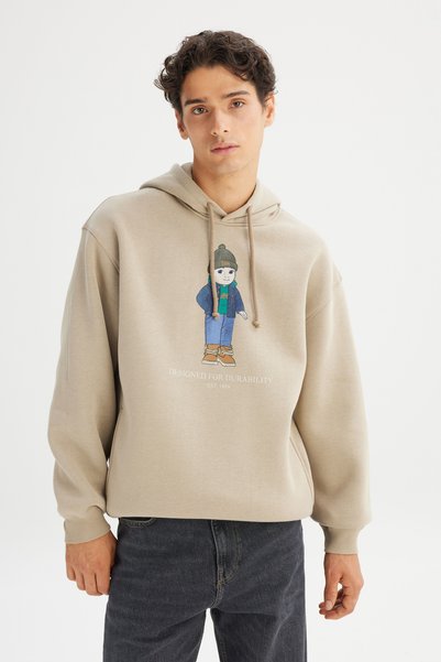 Cotton Fleece Lined Regular Fit Hooded Sweatshirt with Logo Detail