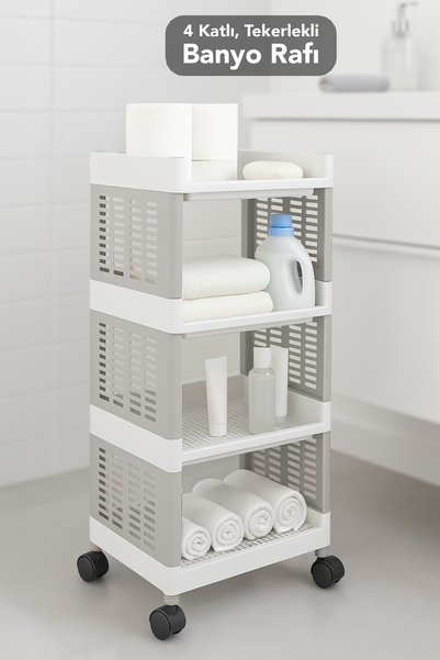 4-Tier Rolling Bathroom Shelf - Towel Rack Detergent Holder Makeup Organizer Rack Unit Gray