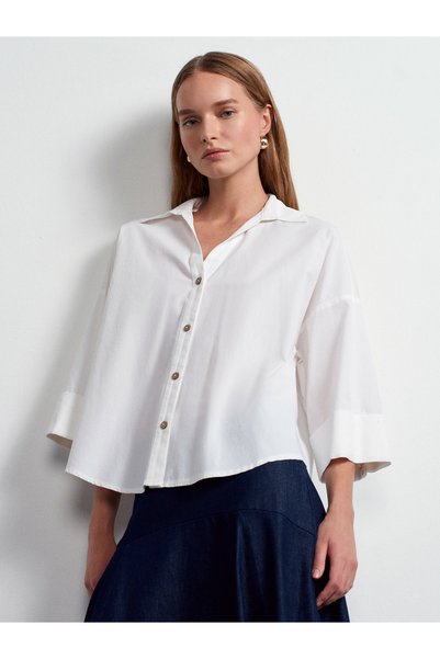 50529 100% Cotton Wide Sleeve Poplin Shirt-White