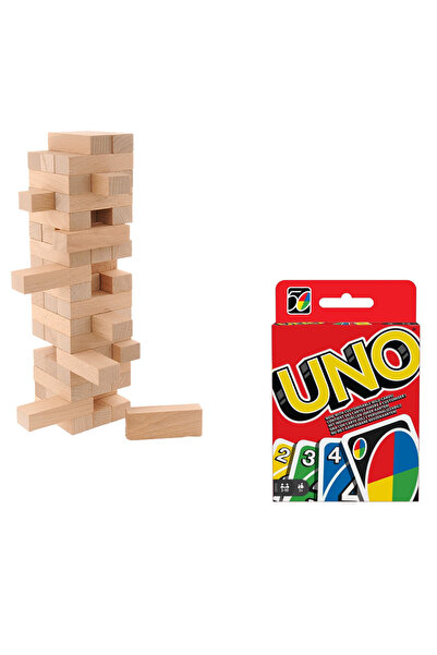 Jenga игра за рамнотежа и Uno карти за играње, сет за забава – сет за игри за семејство и пријатели