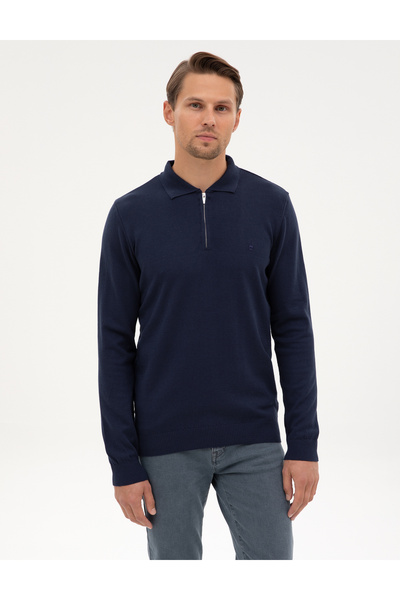 Light Navy Blue Slim Fit Polo Neck Zippered Basic Knitwear Sweater 50314191-Vr059