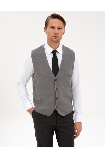 Gray Melange Slim Fit V-Neck Knitwear Vest 50317313-Vr086