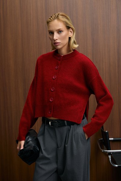 Pureza women's round neck long sleeve button soft texture regular fit knitwear red sweater