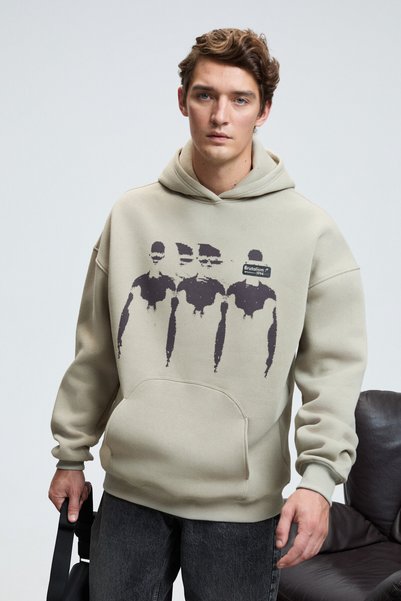 Armand Men's Hooded Kangaroo Pocket Oversized Stone Color Sweatshirt with Front Print