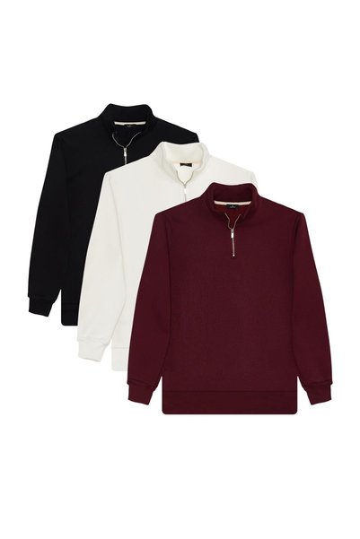 Unisex 3-Pack Black-White-Maroon Relax Fit Cotton Half-Zip Stand Collar Sweatshirt
