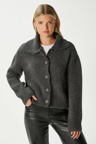 Women's Lean Soft Texture Polo Neck Anthracite Basic Knitwear Cardigan Hi00179