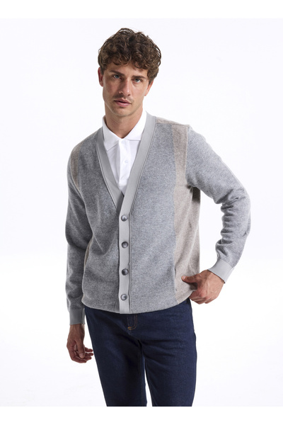 Beige - Gray Men's Cardigan F5Wm-Hrk 2338