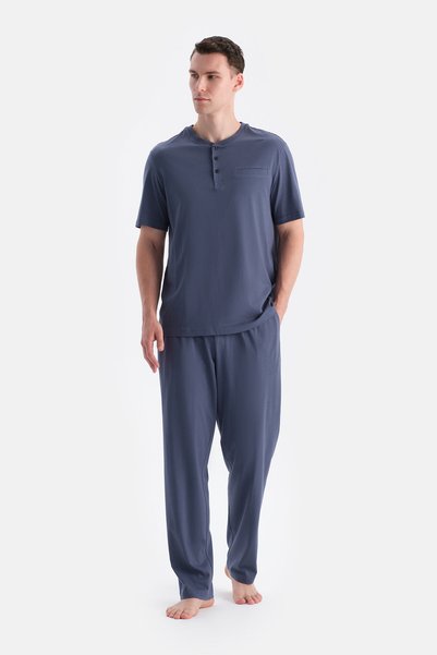 Navy Blue Patch Pocket Detailed T-Shirt Pants Set